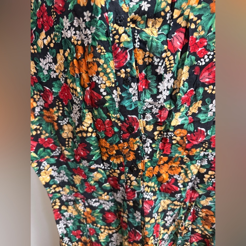 Philosophy Green Floral Maxi dress button down with Red & Yellow Blooms M/L - Picture 4 of 6